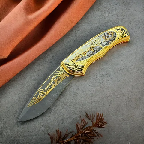 Подарочный дамасский складной нож «Охотник с собакой»