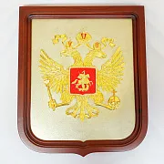 Плакетка «Герб России» из латуни и дерева — красивый подарок — фотография 2